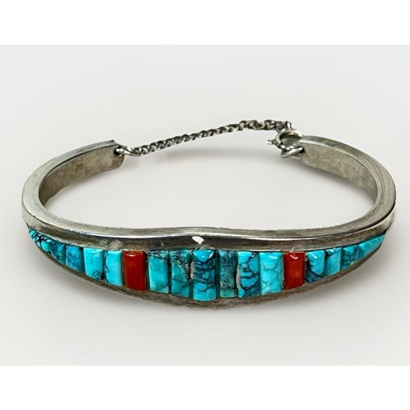 NAVAJO Turquoise Coral Channel Inlay Sterling Silver Cuff Bracelet T. Francisco